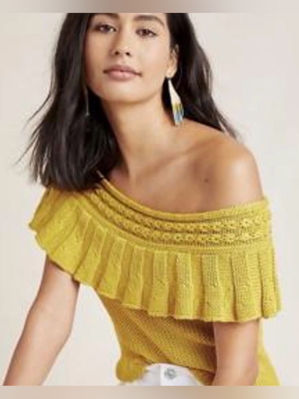 Anthropologie NWOT Knit Cotton Ruffled Off The Shoulder Top